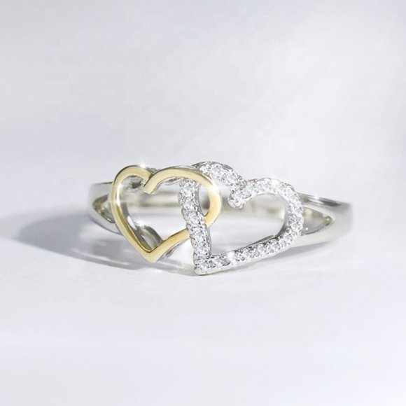 🔥925 Silver, 14K Gold Plated Double Heart CZ Ring for Women, GPMB1415 - Picture 3 of 5